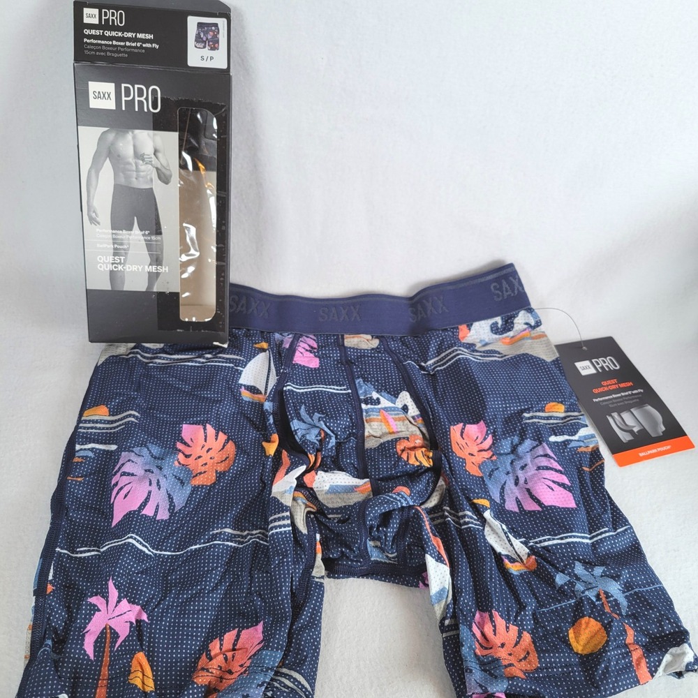 SAXX Mens Boxer Brief Quest Quick-Dry Mesh 6" Fly Size Small Blue Tropical
